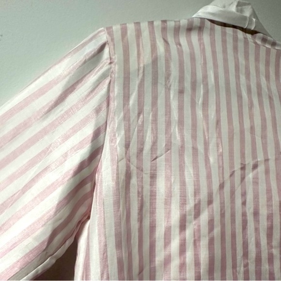 💙 Vintage Savant Pink White Striped Tie Neck Secretary Blouse Size Large Retro - Picture 14 of 16